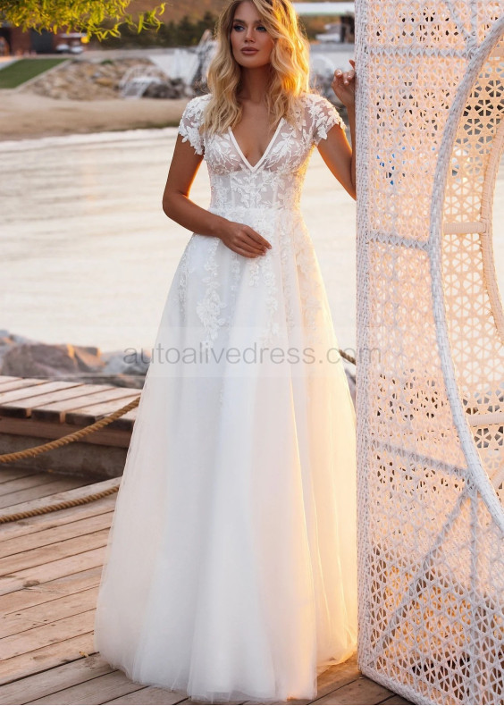 Short Sleeves Beaded Ivory Lace Tulle Keyhole Back Wedding Dress